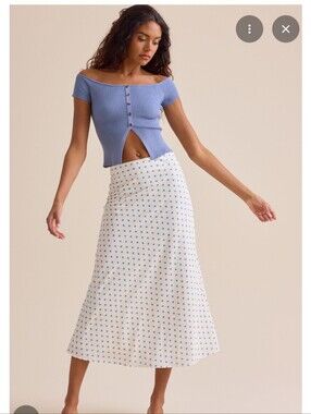NWT Altar'd State Cream Long Maxi Skirt Light Blue Polka Dots!  Retail $72! XL